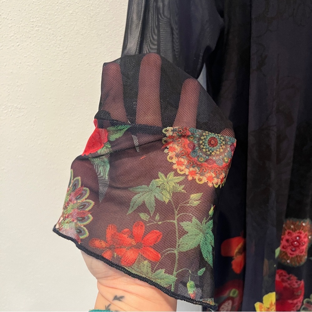 Desigual O’Hara Sheer Sleeve Floral and Rhinestone Hem Lined Flowy Blouse - Picture 6 of 11